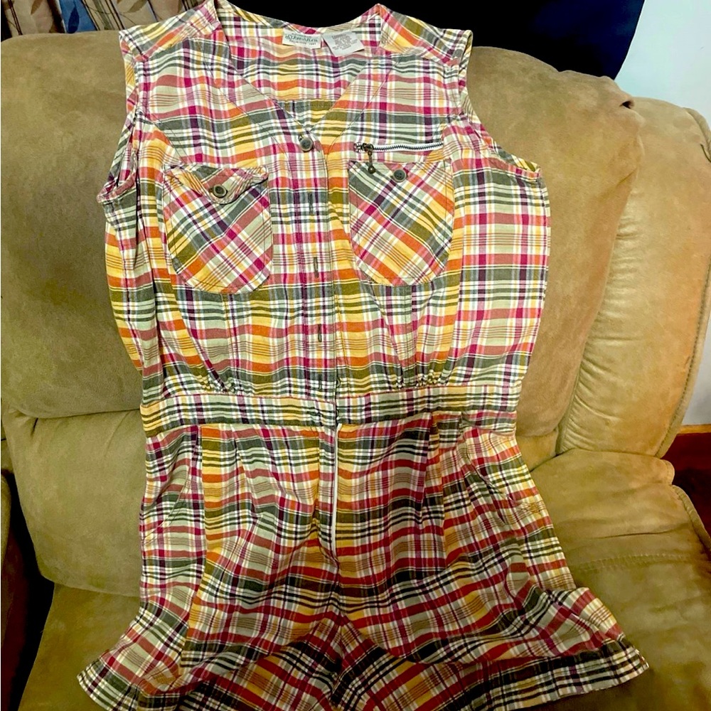 St. John’s bay one piece plaid gardening outfit.   Top connects to the shorts